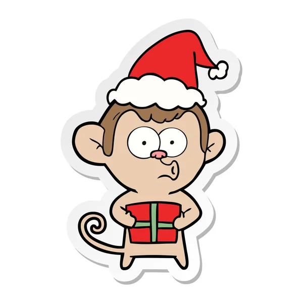 Dibujado Mano Pegatina Dibujos Animados Mono Navidad Con Sombrero Santa — Vector de stock