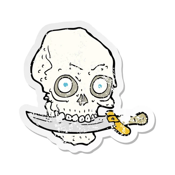 歯でナイフで漫画海賊スカルのレトロな苦しめられたステッカー — ストックベクタ
