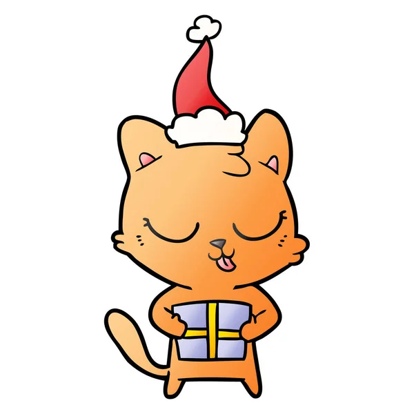 Lindo Mano Dibujado Gradiente Dibujos Animados Gato Con Sombrero Santa — Vector de stock