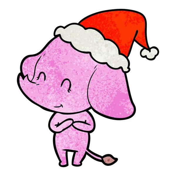 Cute textured cartoon of a elephant wearing santa hat — Stock Vector