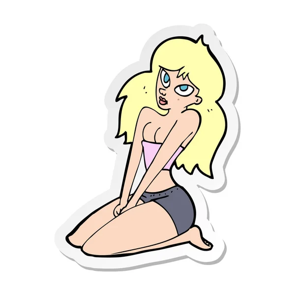 Sticker of a cartoon woman in skimpy clothing — Stock Vector