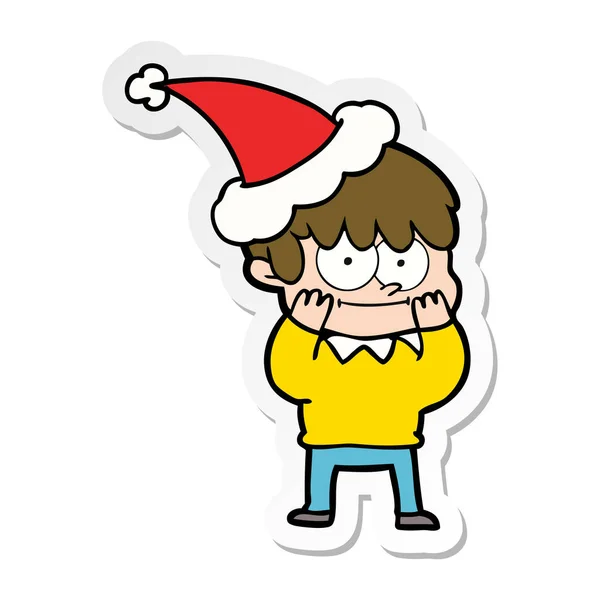 산타 모자를 쓰고 남자의 행복 스티커 만화 — 스톡 벡터