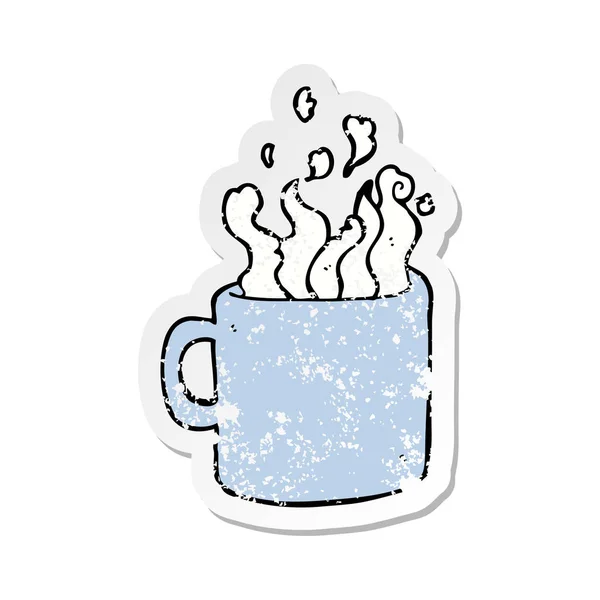 Calcomanía angustiada de una taza de café caliente de dibujos animados — Vector de stock