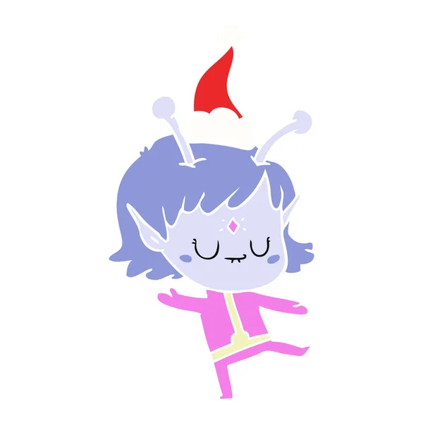 Flat color illustration of a alien girl wearing santa hat — Stock Vector