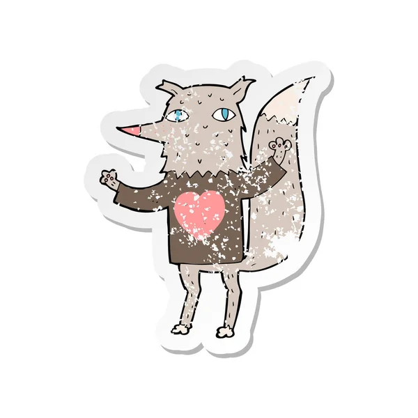 Retro Distressed Sticker Cartoon Wolf Love Heart Tee — Stock Vector