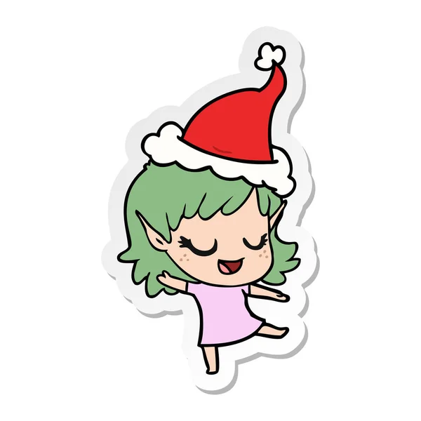 Dibujos animados pegatina feliz de una chica elfa con sombrero de santa — Vector de stock