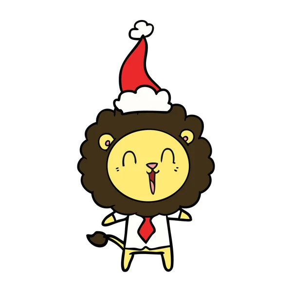 Linha de leão rindo desenho de um chapéu de Pai Natal vestindo —  Vetores de Stock