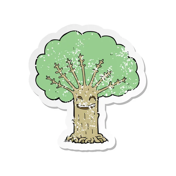 Pegatina retro angustiado de un árbol feliz de dibujos animados — Vector de stock