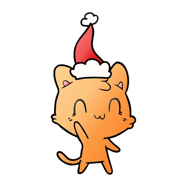 Dibujo Animado Gradiente Dibujado Mano Gato Feliz Con Sombrero Santa — Vector de stock