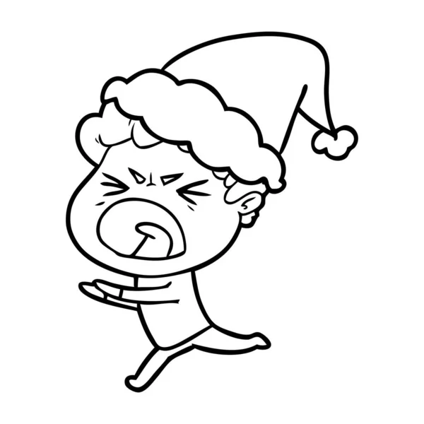 Disegno a linee di un uomo furioso che indossa il cappello di Babbo Natale — Vettoriale Stock