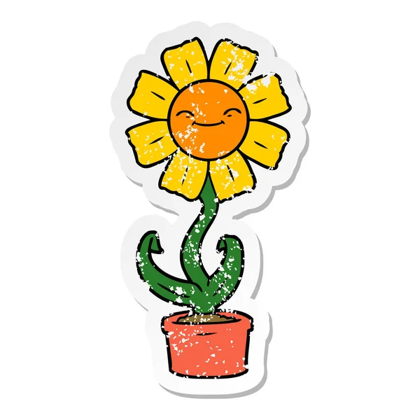 Etiqueta angustiada de uma flor feliz dos desenhos animados — Vetor de Stock