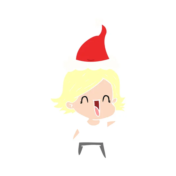 手绘平色插图一个快乐的女人戴着圣诞老人的帽子 — 图库矢量图片