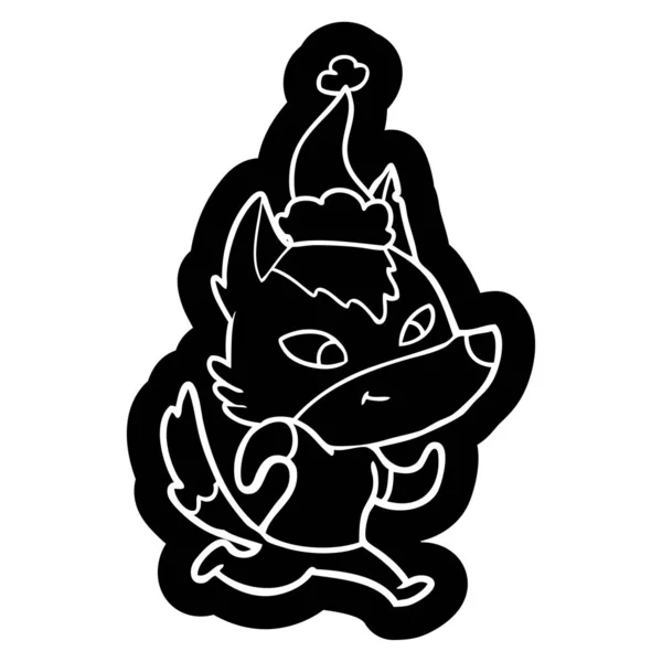 Ícone de desenho animado amigável de um lobo usando chapéu de santa — Vetor de Stock