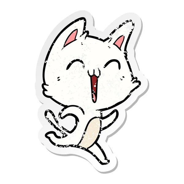 Verontruste Sticker Van Een Happy Cartoon Kat — Stockvector