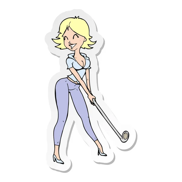 Etiqueta de uma mulher dos desenhos animados jogando golfe — Vetor de Stock