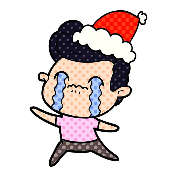 Hand Drawn Comic Book Style Illustration Man Crying Wearing Santa — Stock Vector