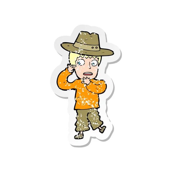Ретро стресова наклейка мультфільму наляканого хлопчика в капелюсі — стоковий вектор