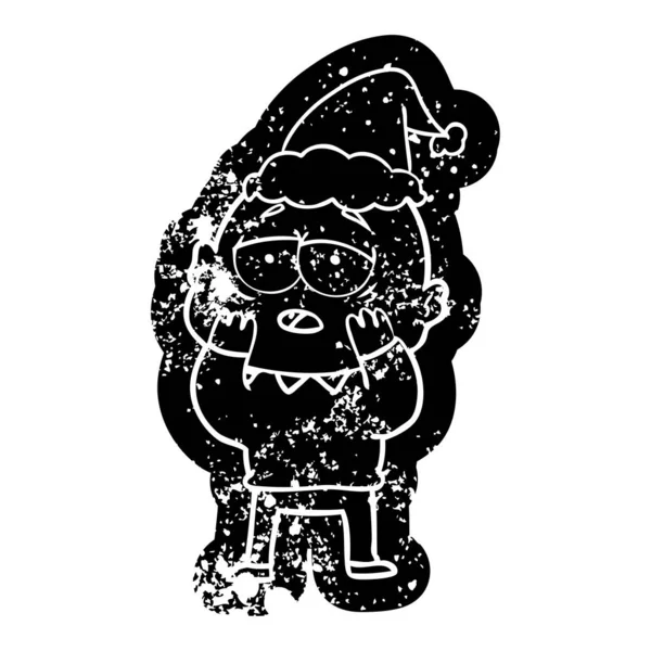 산타 모자를 쓰고 피곤된 대머리 남자의 만화 고민된 아이콘 — 스톡 벡터