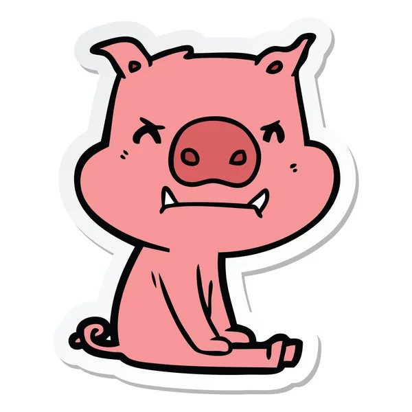 Sticker Angry Cartoon Pig Sitting — Stock Vector