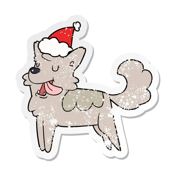 Distressed sticker cartoon of a happy dog wearing santa hat — Stock Vector