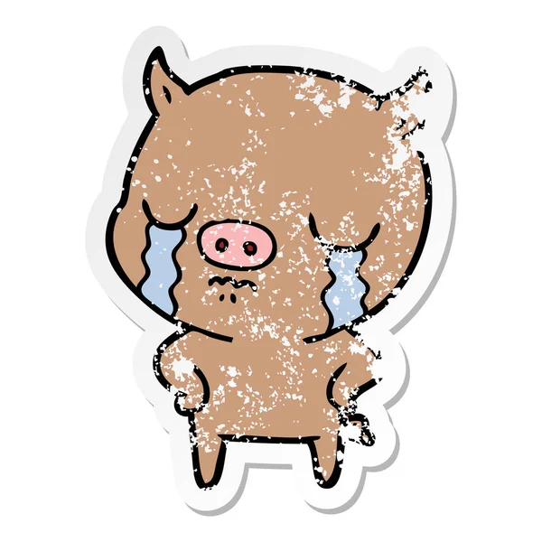 Distressed sticker of a cartoon pig crying with hands on hips — Stock Vector