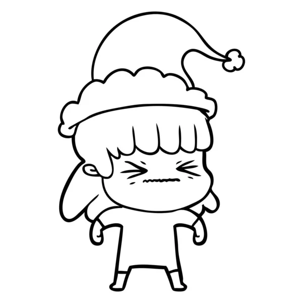 Line drawing of a woman wearing santa hat — Stock Vector