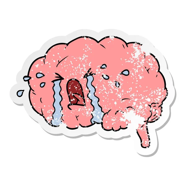 Verontruste sticker van een cartoon hersenen huilen — Stockvector