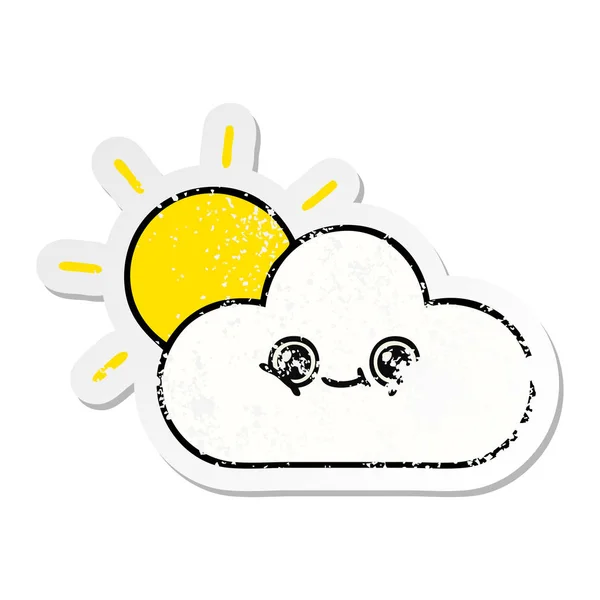 Verontruste sticker van een leuke cartoon zon en wolk — Stockvector