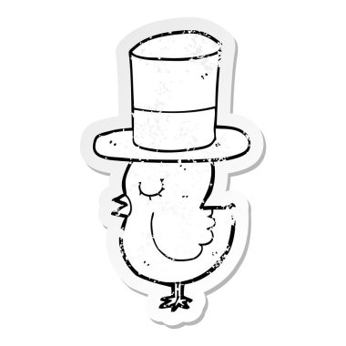 Silindir şapka giyen bir karikatür kuş sıkıntılı etiket