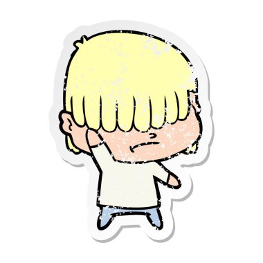 dağınık saçlı bir çizgi film çocuk sıkıntılı etiket