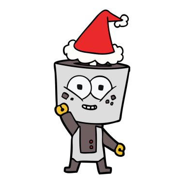 Merhaba Noel Baba şapkası giyen sallayarak bir robot mutlu çizgi çizme
