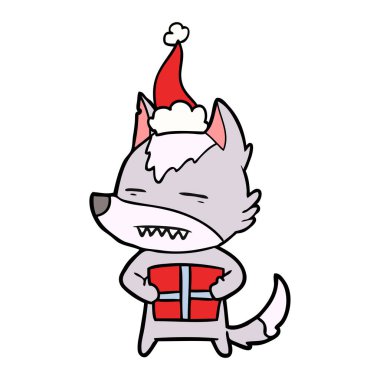 el çizim için bir kurt Noel Baba şapkası giyen bir hediye ile çekilmiş.