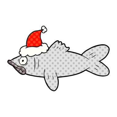 çizgi roman tarzı Noel Baba şapkası giyen bir balık gösterimi