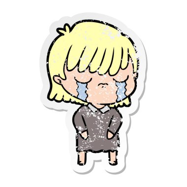 ağlayan bir karikatür kadının sıkıntılı etiket