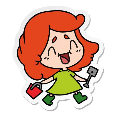 serbest el çekilmiş etiket karikatür kova ve spade ile şirin kawaii kızın