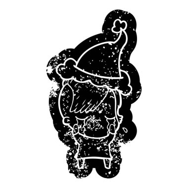 Noel Baba şapkası giyen bir ağlayan kız çizgi film sıkıntılı simgesi