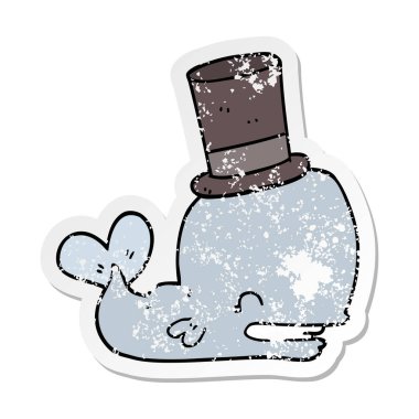 Silindir şapka giyen bir karikatür balinanın sıkıntılı etiket