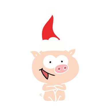 neşeli oturma domuz düz giyen Noel Baba'nın renkli çizimi 