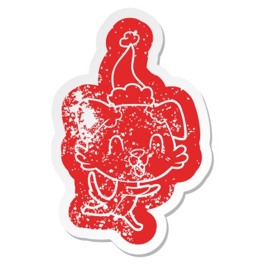 Noel Baba şapkası giyen bir köpek çizgi film sıkıntılı etiket gülüyor