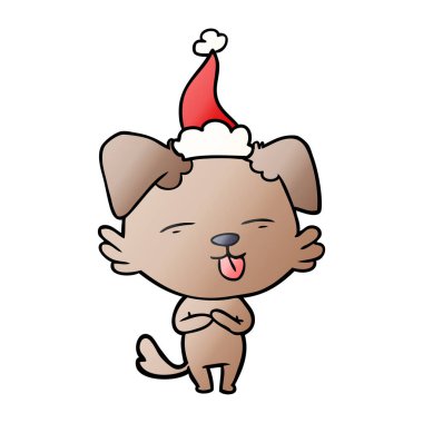 Noel Baba şapkası giyen dilini bir köpek degrade çizgi film el çekilmiş