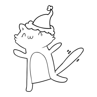 çizim için Noel Baba şapkası giyen bir dans eden kedi