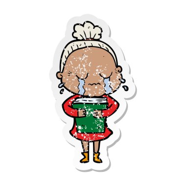 bir çizgi film ağlayan yaşlı kadının sıkıntılı etiket