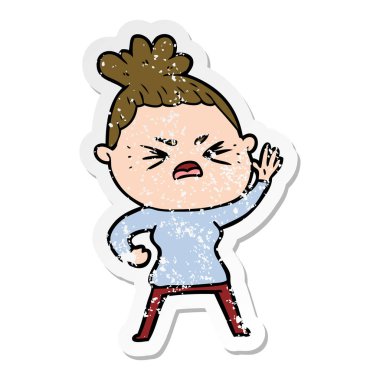 bir çizgi film kızgın kadının sıkıntılı etiket