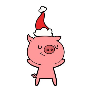 Noel Baba şapkası giyen bir domuz mutlu çizgi çizme