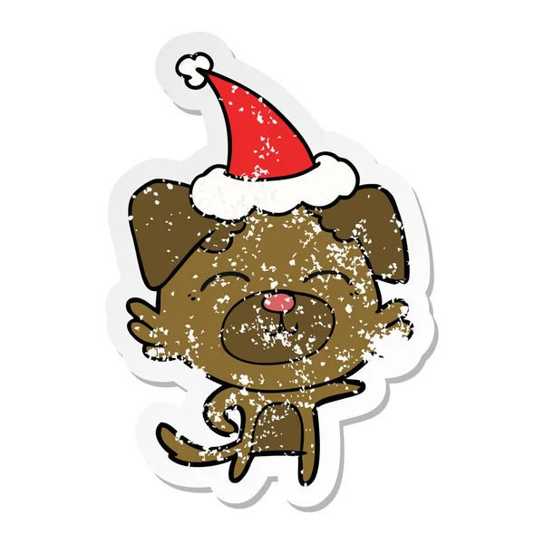 Aufkleber-Karikatur eines Hundes mit Weihnachtsmütze — Stockvektor