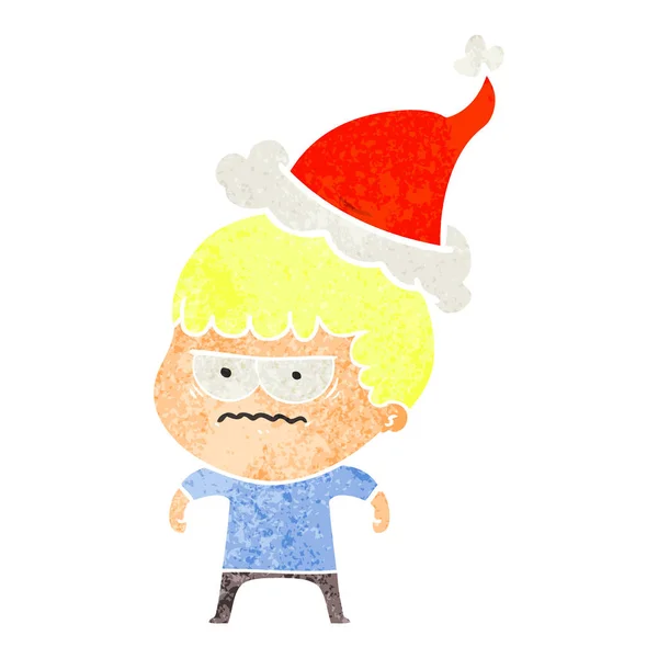 Retro kreslený naštvaný muž nosí santa klobouk — Stockový vektor