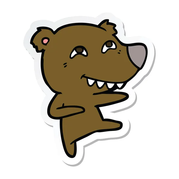 Autocollant d'un ours dessin animé montrant les dents tout en dansant — Image vectorielle