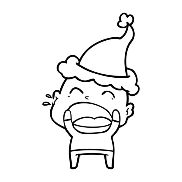Лінійний малюнок кричущого лисий чоловік у капелюсі Санта — стоковий вектор