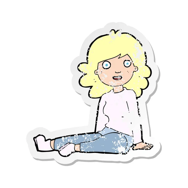 Retro Distressed Sticker Cartoon Happy Woman — Stock Vector