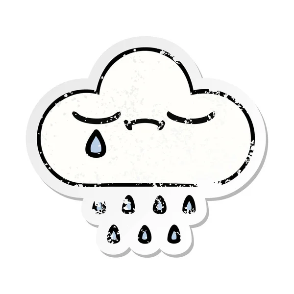 Adesivo angosciato di una nuvola di pioggia carino cartone animato — Vettoriale Stock